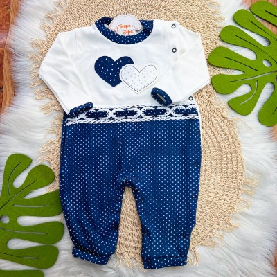 Macacão Trape Zape - Dois corações com Poá - Azul Marinho e Off White